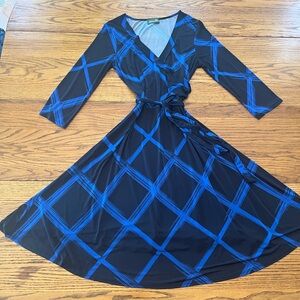 Black and Cobalt Blue Midi Faux Wrap Dress, Size Medium